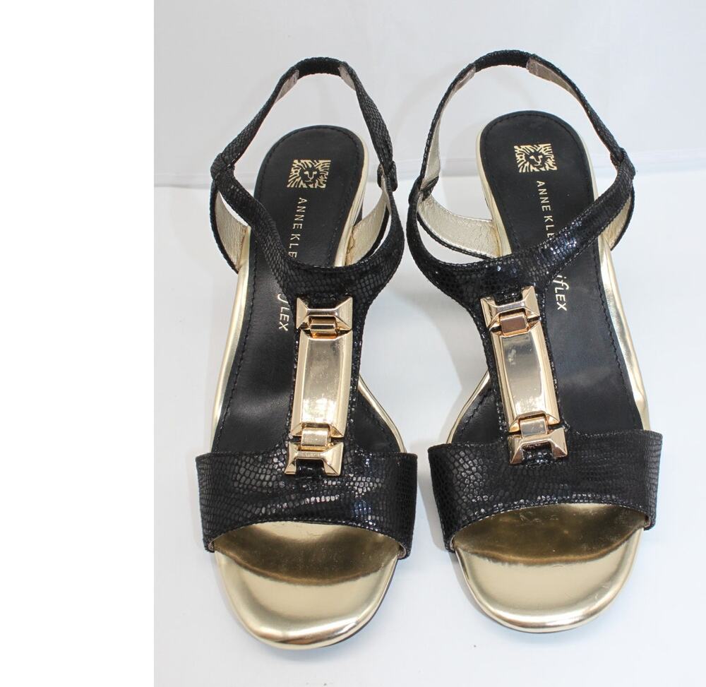 Anne Klein iflex Black Gold Akedlynn Snakeskin T-Strap Wedge Sandals 7M